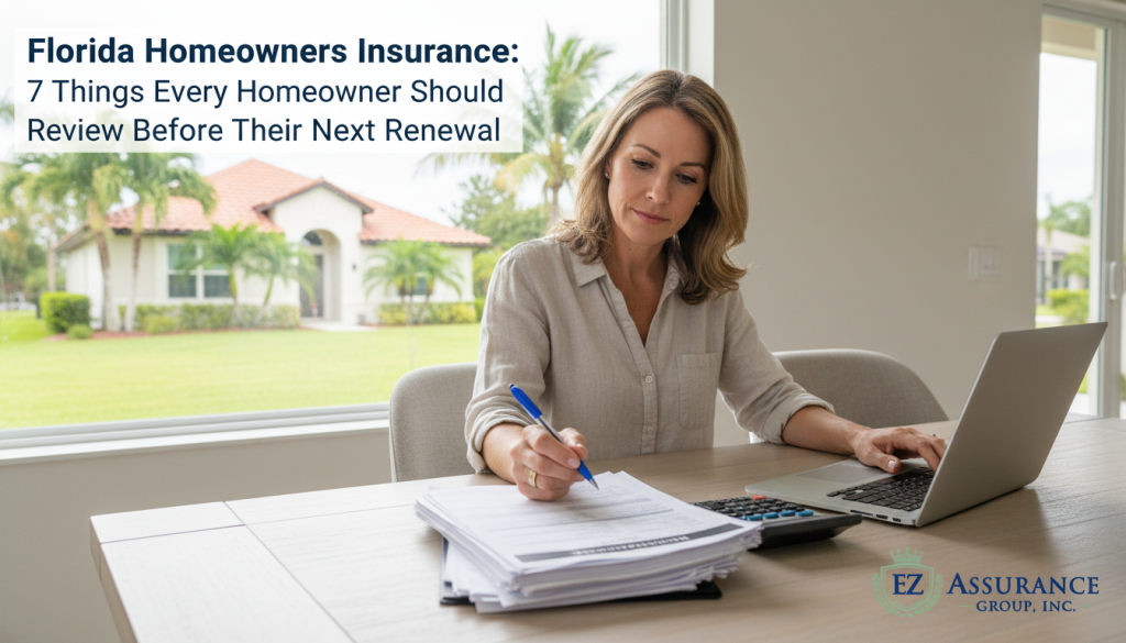 A Florida homeowner reviewing insurance documents at home, with a house visible in the background.