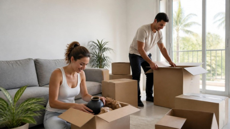 Young couple unpacking moving boxes in a sunny new apartment with a gray sofa, houseplants and palm trees outside