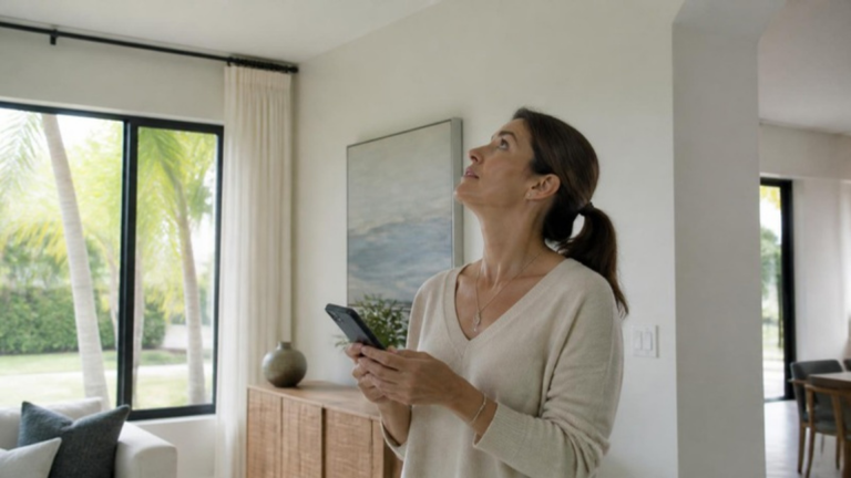 Woman in a bright South Florida living room looking up at the ceiling near a window while holding a smartphone