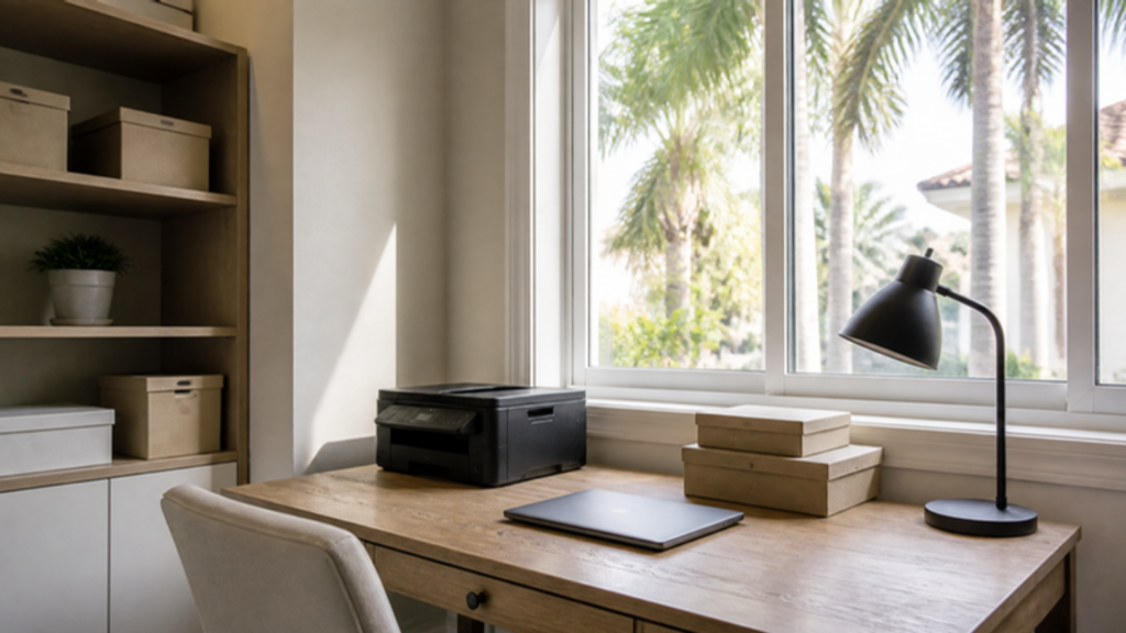 Home office corner in a South Florida house with a wooden desk, closed laptop, printer, lamp and storage boxes beside a window with palm trees