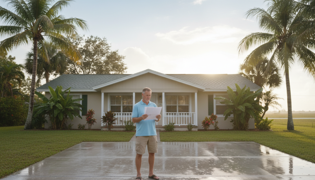 Florida homeowner reviews insurance papers on a porch after rain, with shallow water along the driveway.