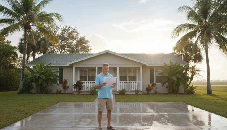Florida homeowner reviews insurance papers on a porch after rain, with shallow water along the driveway.