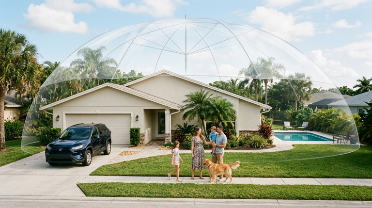 A Florida family home and parked car sheltered by a transparent umbrella canopy, with a family and dog nearby.